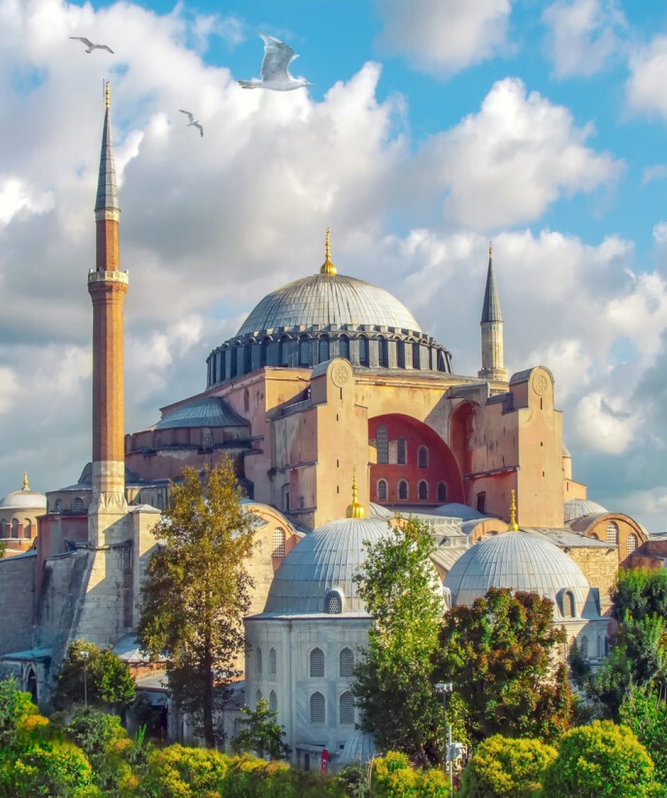 Sunny day architecture and Hagia Sophia Museum, in Eminonu, istanbul, Turkey